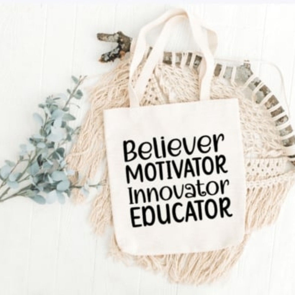 Custom Natural Canvas Teacher Tote Believer, Motivator, Innovator, Educator
